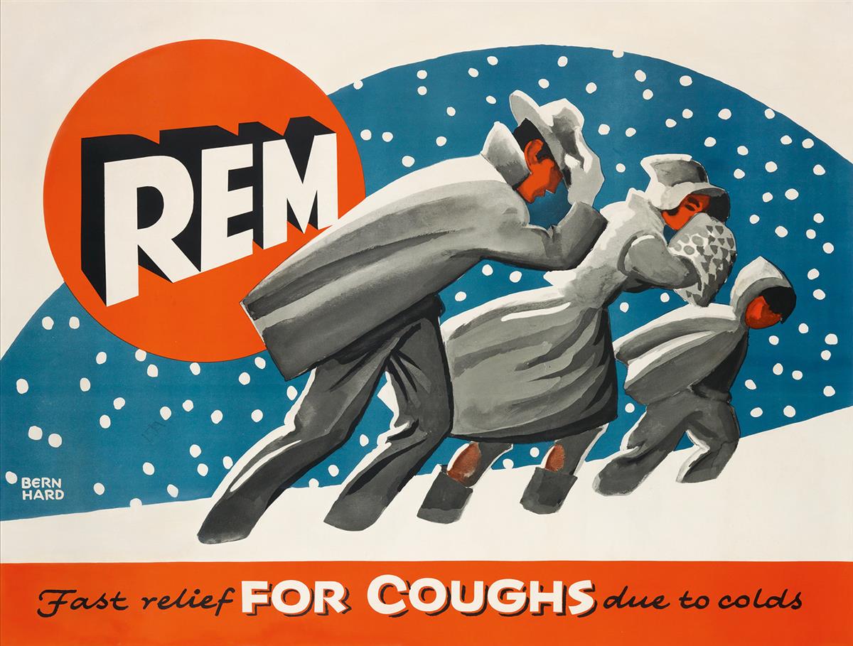 LUCIAN BERNHARD (1883-1972). REM / FAST RELIEF FOR COUGHS DUE TO COLD / SNOW. Circa 1930s. 45x59 inches, 115x151 cm.